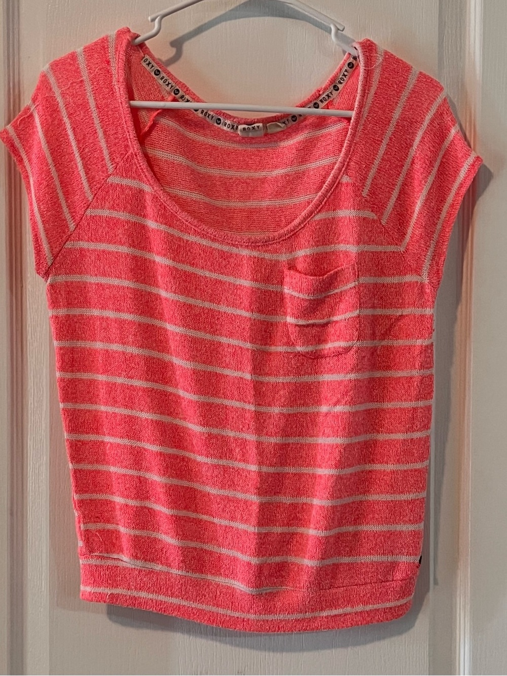 ROXY Without You Pink Coral Striped Summer Knit Scoop Neck Pocket Top Small